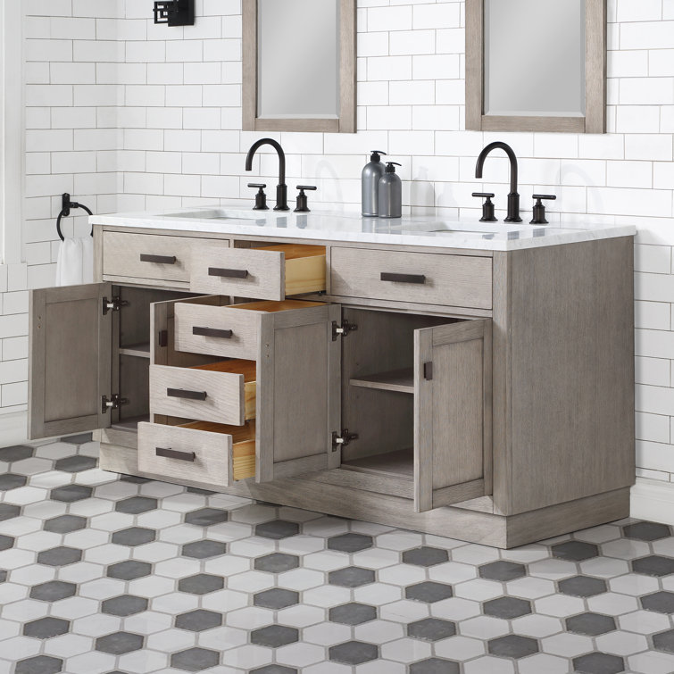 Gray Double Freestanding Bathroom Vanity with Marble Top