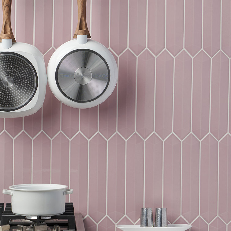 Pink Elongated Hexagonal Ceramic Wall Tile, 3x13 inches