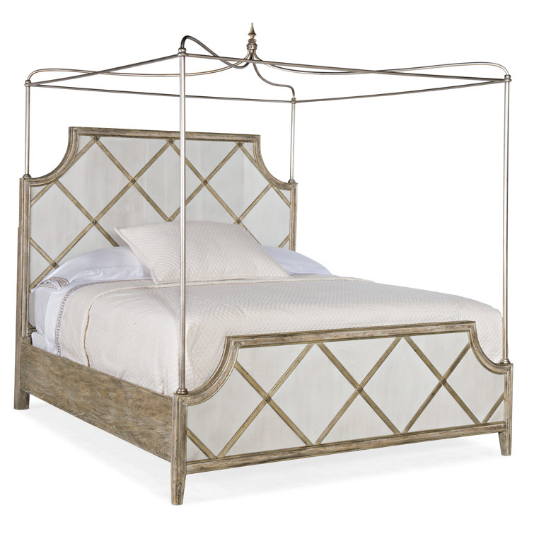 Beige King Traditional Wood Frame Canopy Bed with Headboard