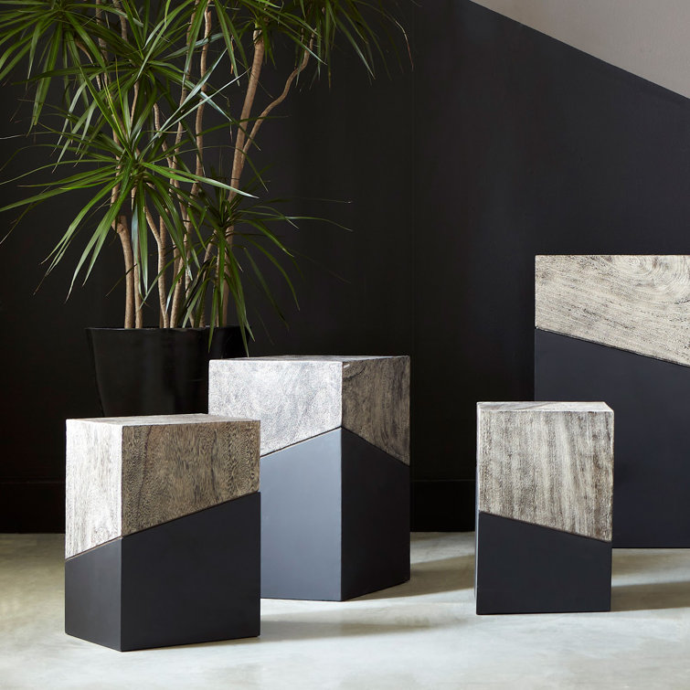 Transitional Geometry Black & Gray Solid Wood Accent Stool