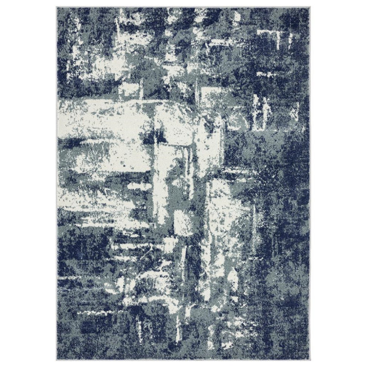 Blue and White Abstract Synthetic Rectangular Area Rug, 5' x 7'