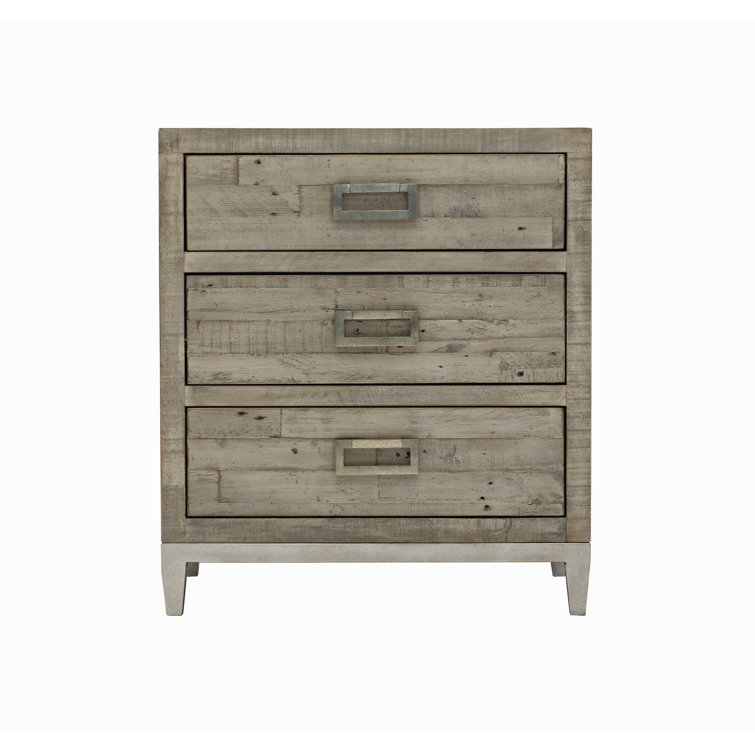 Transitional Gray 3-Drawer Metal Nightstand with Reclaimed Pine
