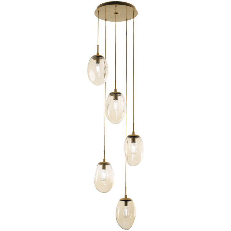 Gilded Brass 5-Light Cluster Pendant with Amber Glass Shades