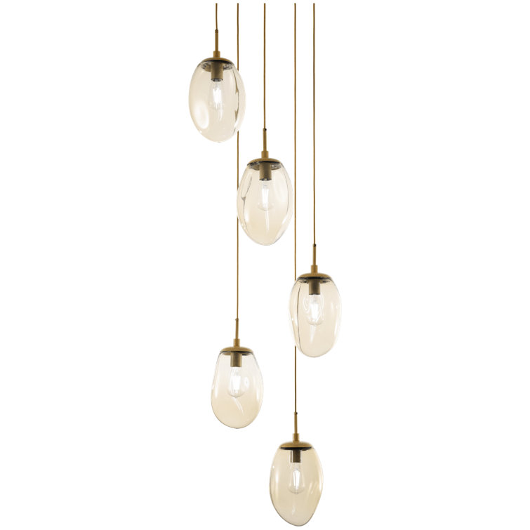 Gilded Brass 5-Light Cluster Pendant with Amber Glass Shades