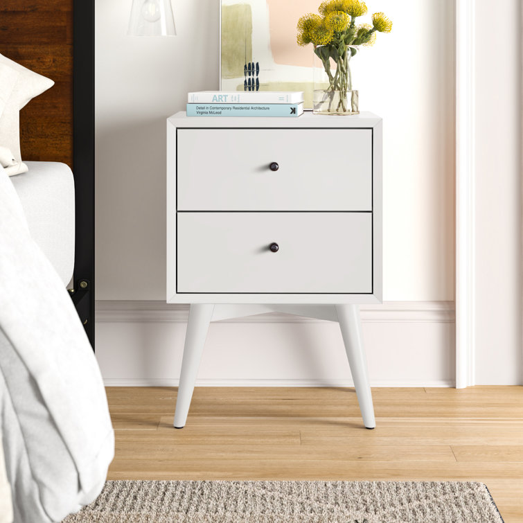 Elegant White Mahogany 2-Drawer Mid-Century Modern Nightstand