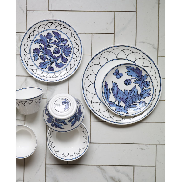 Blue Bird Porcelain Bread Plates with Floral Print, Set of 2