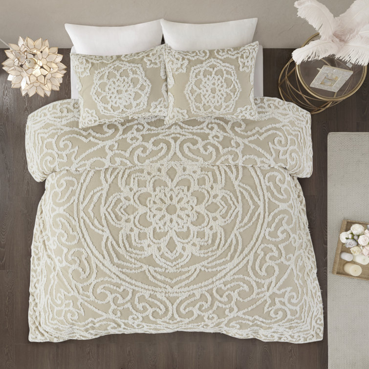 Taupe King Cotton Chenille Medallion Duvet Cover Set