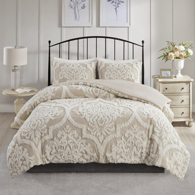 Viola Taupe Full/Queen Cotton Chenille Damask Duvet Set