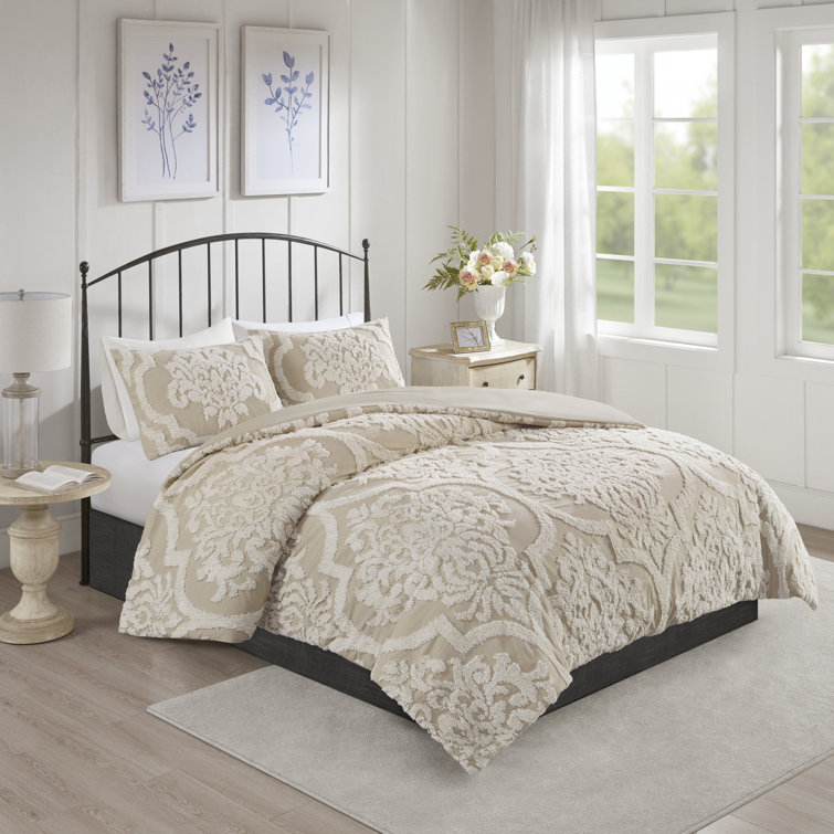 Viola Taupe Full/Queen Cotton Chenille Damask Duvet Set