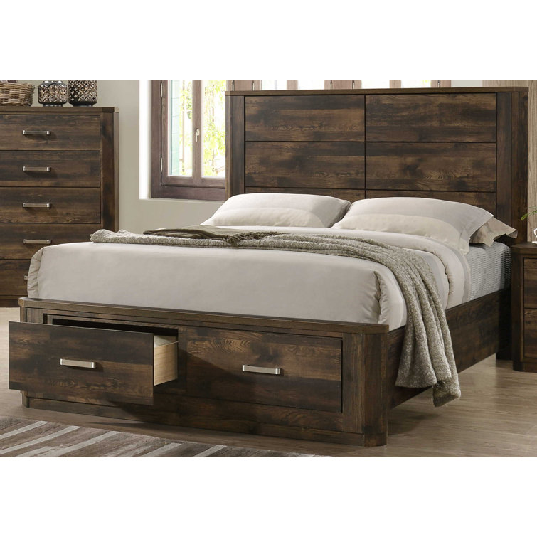 Rustic Walnut Queen Storage Bed with Wood Headboard and Drawers