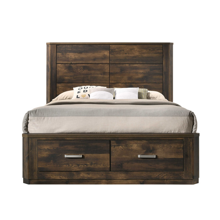 Rustic Walnut Queen Storage Bed with Wood Headboard and Drawers