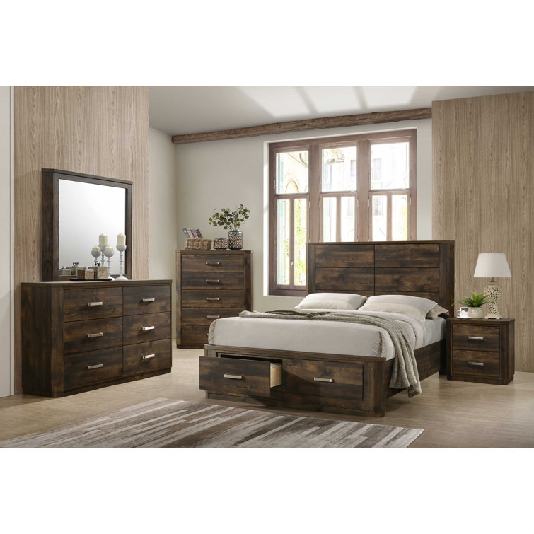 Rustic Walnut Queen Storage Bed with Wood Headboard and Drawers