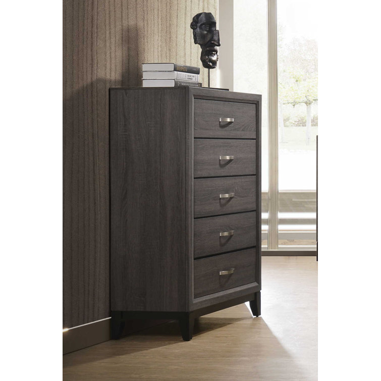 Weathered Gray Farmhouse 5-Drawer Chest with Nickel Accents