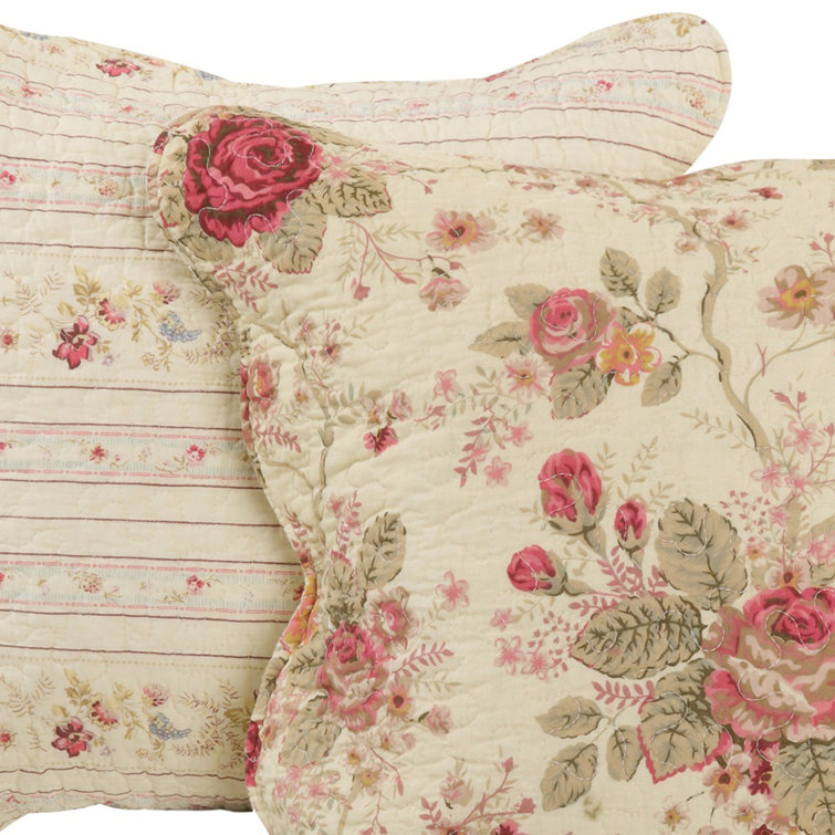 Antique Rose Floral Scalloped Cotton Throw Pillow Set