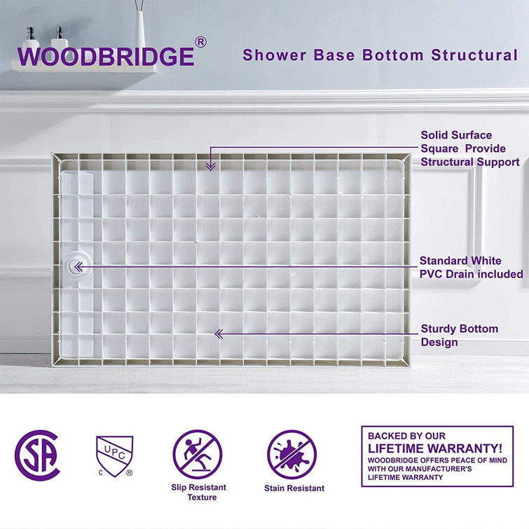 60" White Solid Surface Rectangular Shower Pan Base with Left Drain