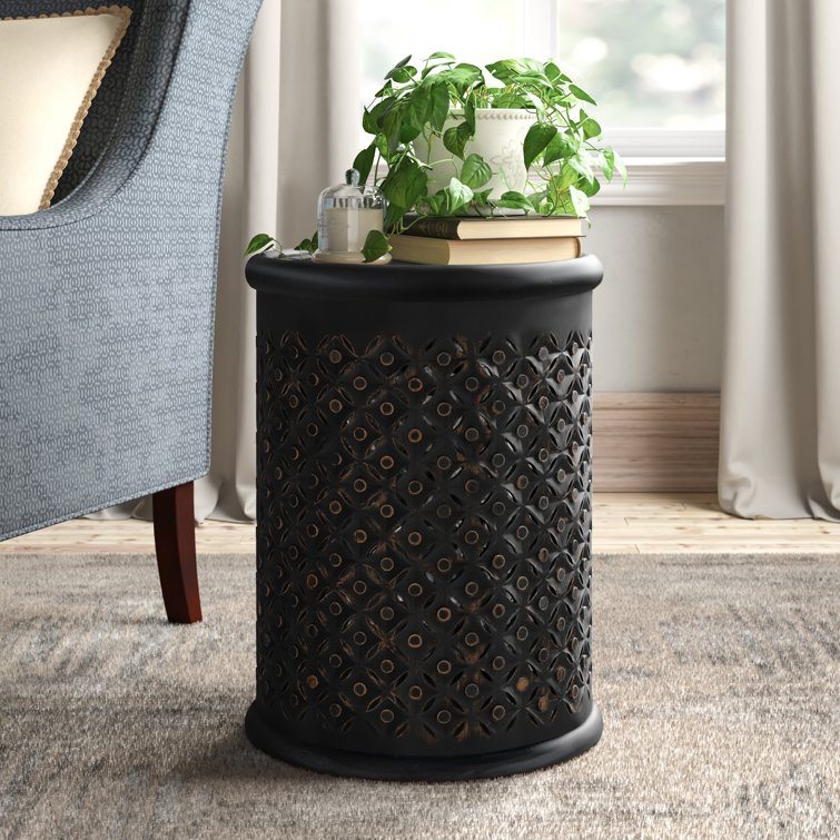 Antique Black Distressed Mango Wood 17" Round Drum End Table