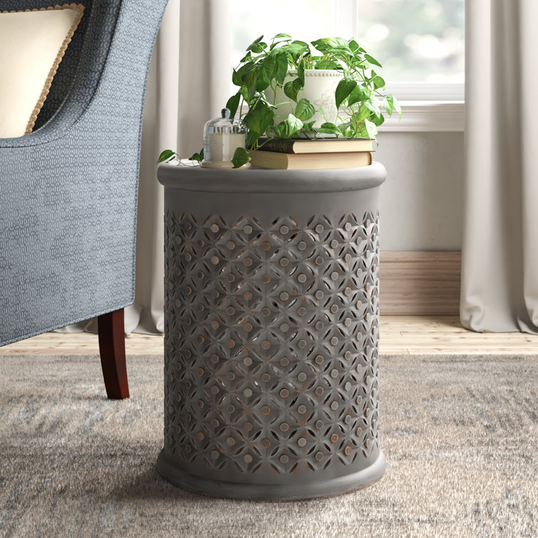 Transitional Hand-Carved 17" Round Drum Table in Antique Grey