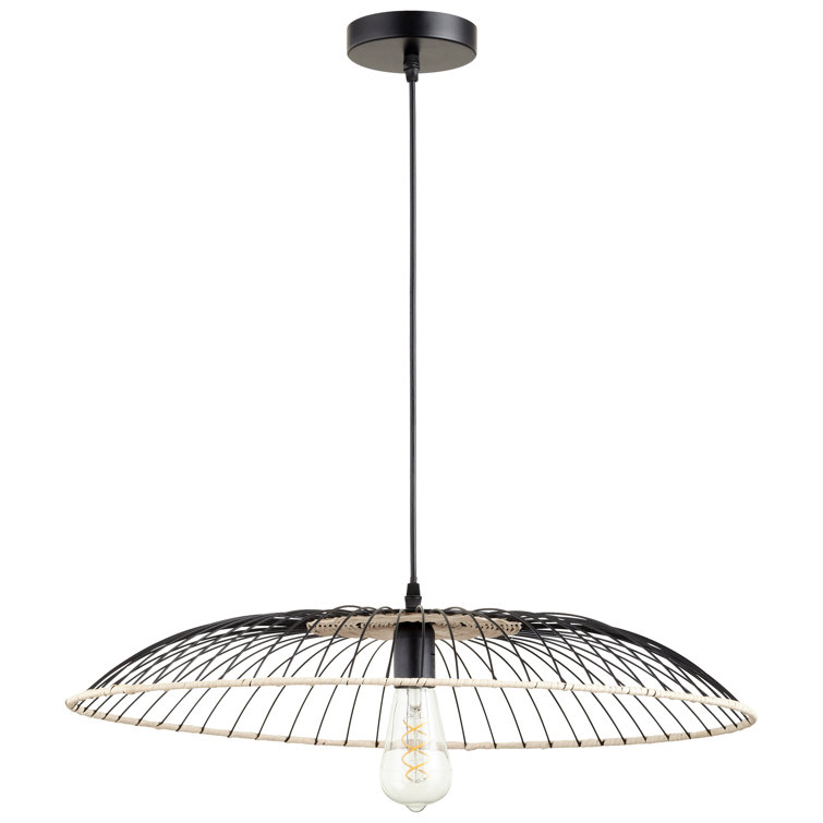 Parasol Matte Black Iron & Rattan 23.75" Pendant Light