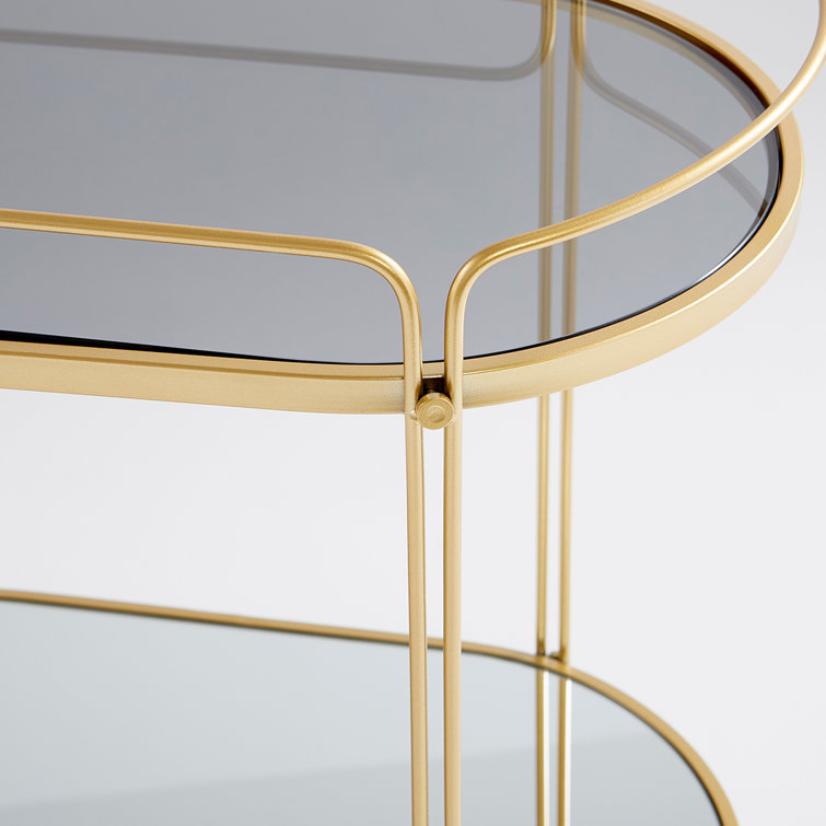Contemporary Motif Gold Oval Bar Cart with Glass Shelves