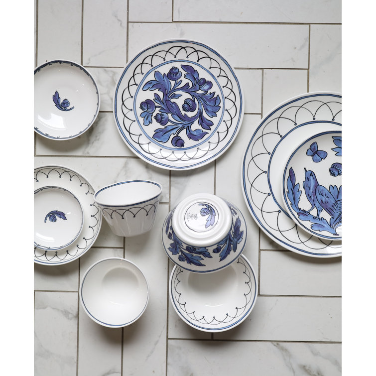 Blue Porcelain Round Dessert Plate with Floral Print