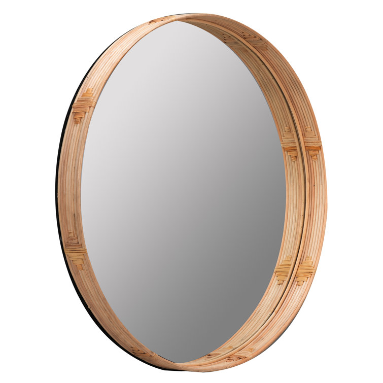Adaline 35" Natural Round Wood and Rattan Wall Mirror