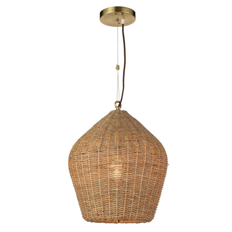 Natural Rattan Coastal Pendant Light with Brass Accents