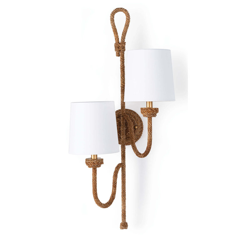 Charming Gold Linen Shade Wicker Rattan Double Wall Sconce
