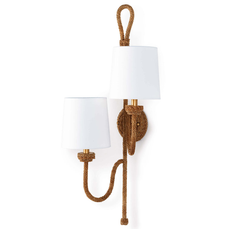 Charming Gold Linen Shade Wicker Rattan Double Wall Sconce