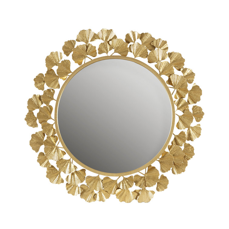Luxurious Eden Gold Ginkgo Leaf Round Wood Wall Mirror 31"