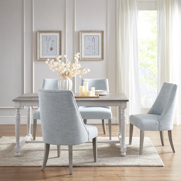 Light Blue Linen Upholstered Dining Chairs with Wood Legs, Set of 2