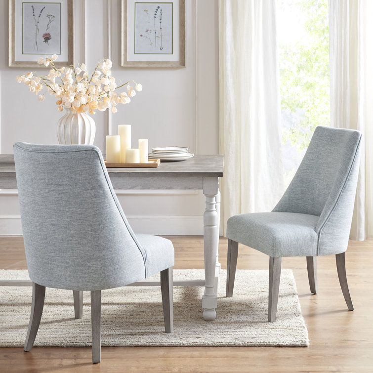 Light Blue Linen Upholstered Dining Chairs with Wood Legs, Set of 2