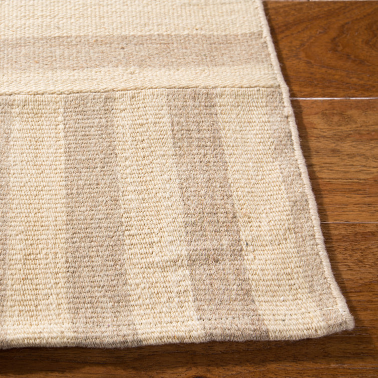 Tan and Stripe Handmade Wool Rectangular Area Rug