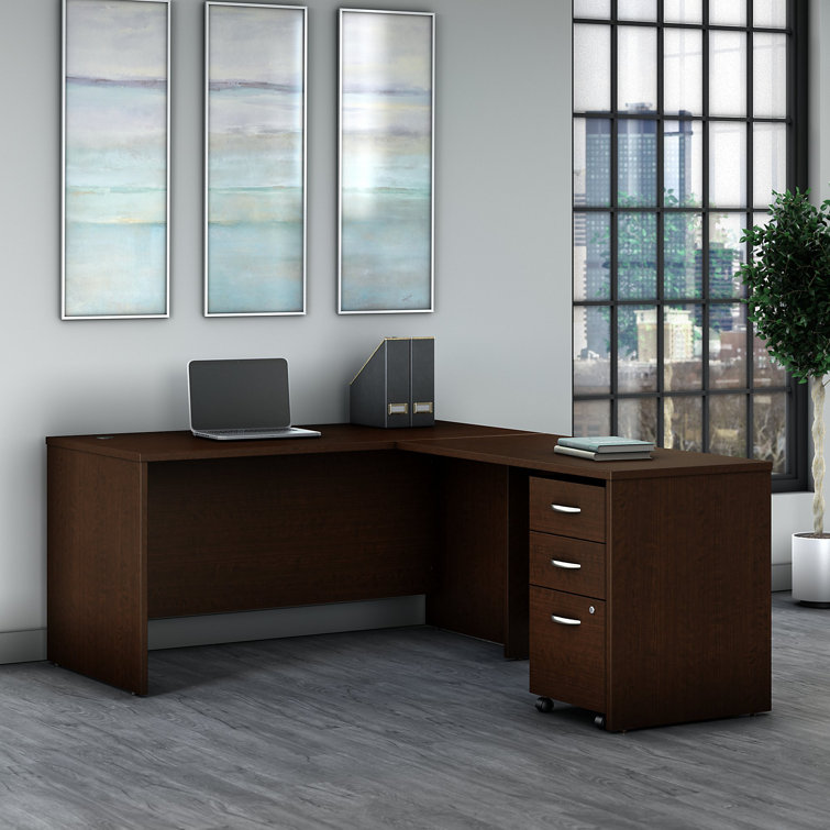 Executive Mocha Cherry Wood L-Shaped Desk with Filing Cabinet