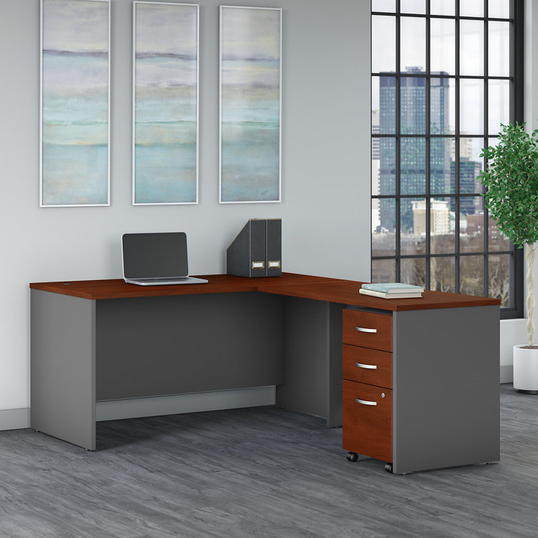 Executive Mocha Cherry L-Shaped Desk with 3-Drawer Mobile File Cabinet
