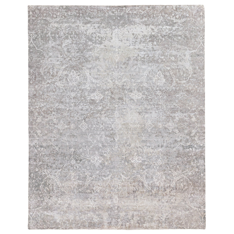 Hand-Knotted Gray and Ivory Silk 8' x 10' Abstract Rug