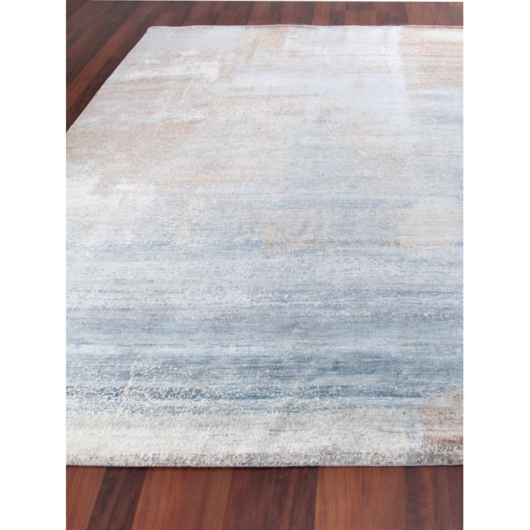 Mori Silk Hand-Knotted Abstract Blue Silk Area Rug, 8' x 10'