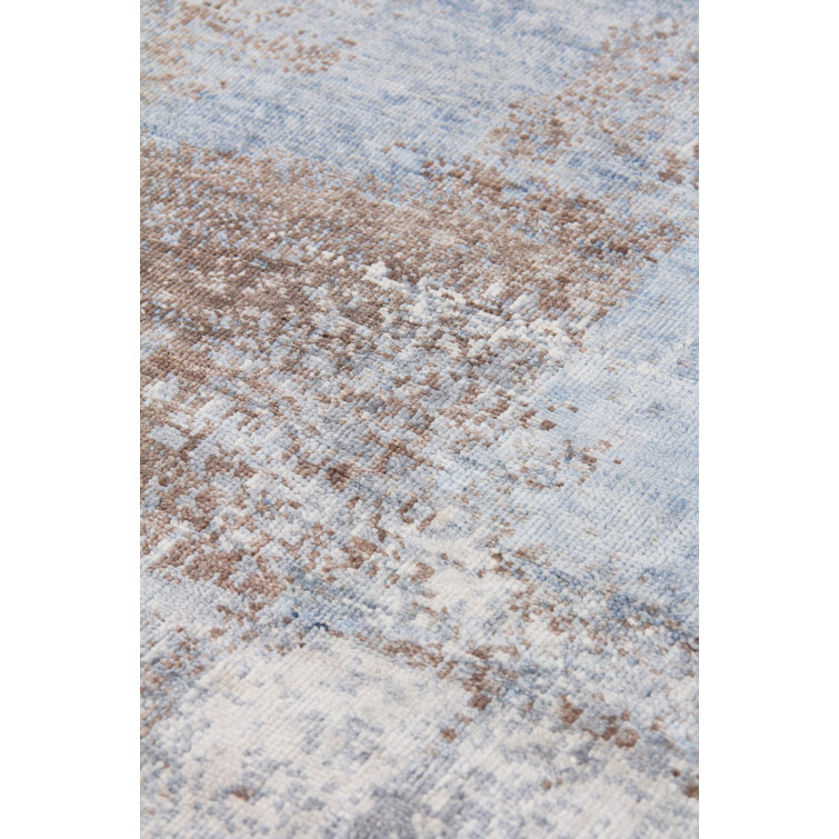 Mori Silk Hand-Knotted Abstract Blue Silk Area Rug, 8' x 10'