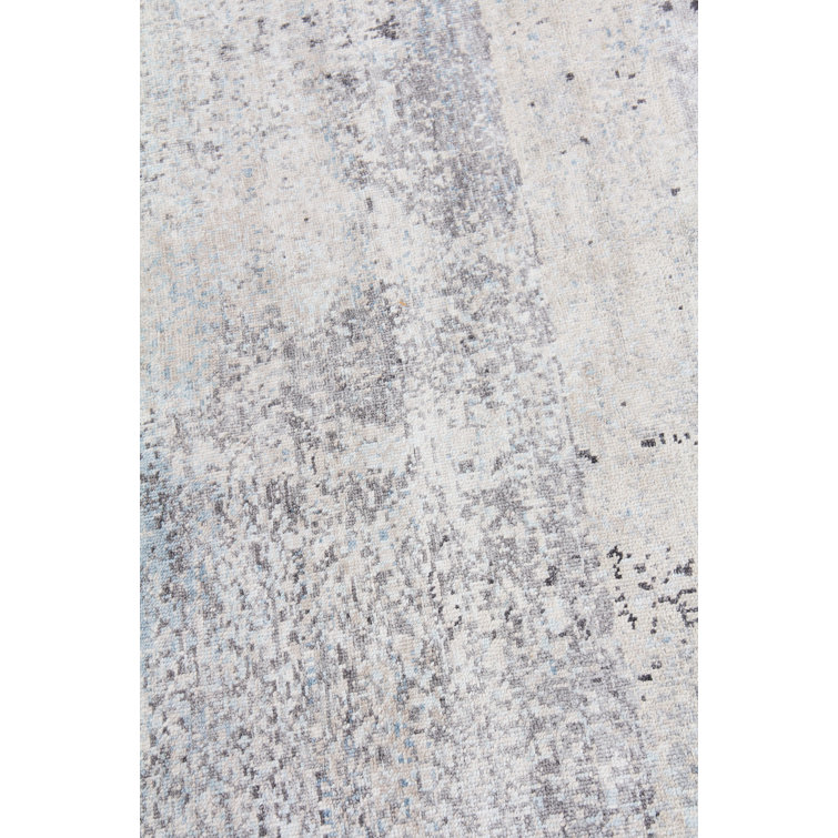 Hand-Knotted Ivory and Dark Gray Silk Abstract Rug
