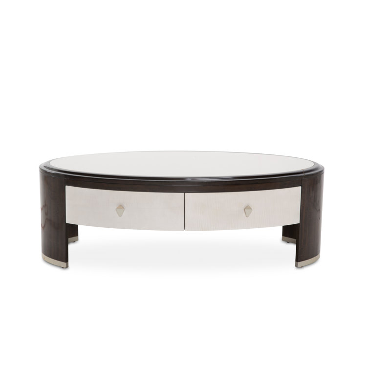 Transitional Brown and White Oval Wood Coffee Table with Storage