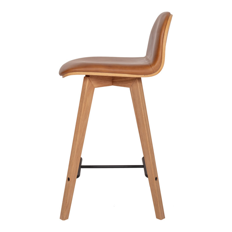 Brown Genuine Leather and Oak Counter Stool with Metal Footrest