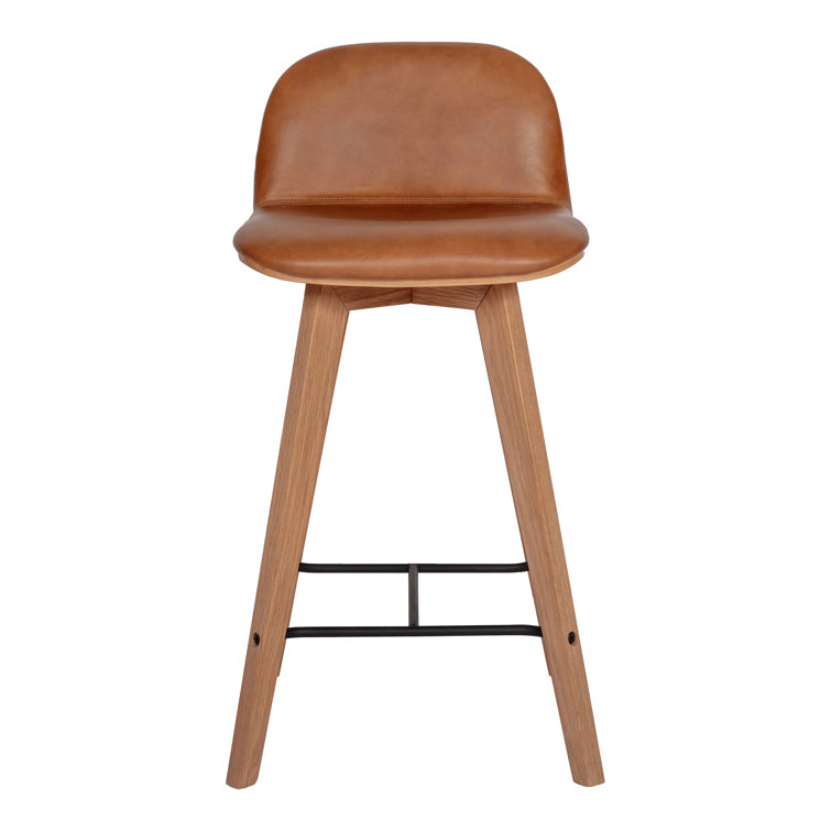 Brown Genuine Leather and Oak Counter Stool with Metal Footrest