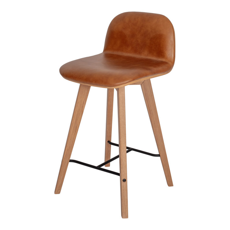 Brown Genuine Leather and Oak Counter Stool with Metal Footrest