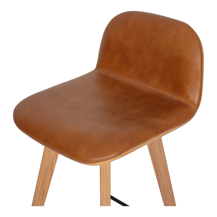 Brown Genuine Leather and Oak Counter Stool with Metal Footrest