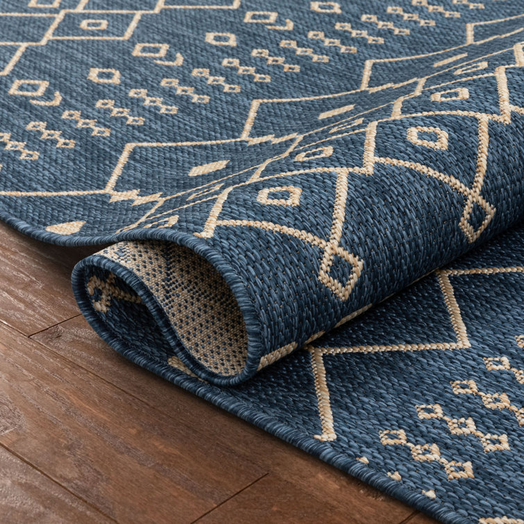 Nordic Blue and Beige Synthetic Flat-Weave Runner Rug