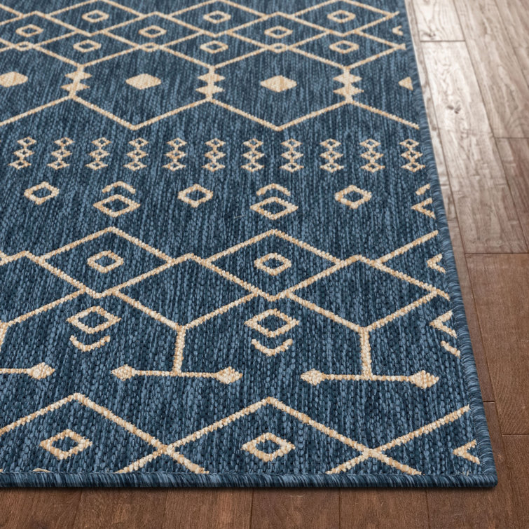 Nordic Blue and Beige Synthetic Flat-Weave Runner Rug