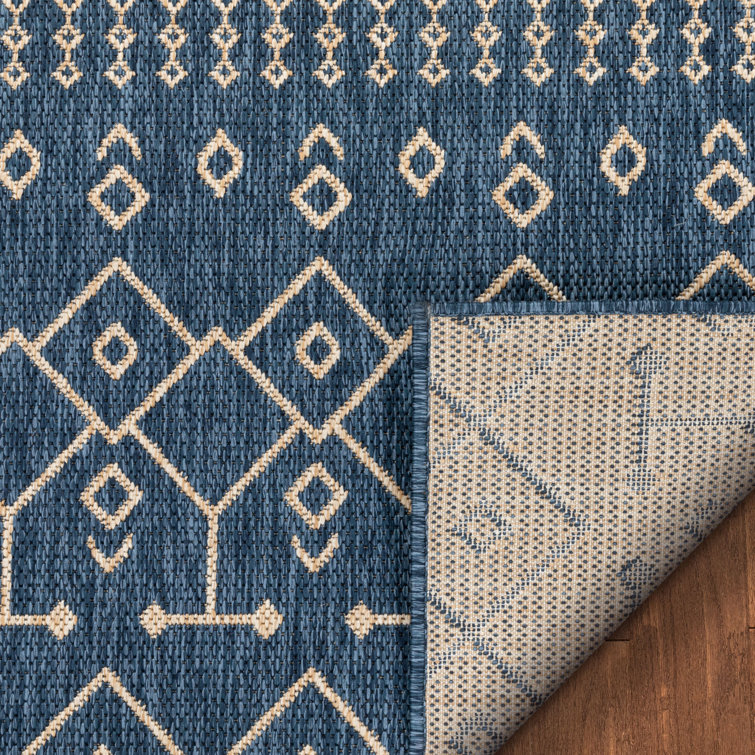 Nordic Blue and Beige Synthetic Flat-Weave Runner Rug