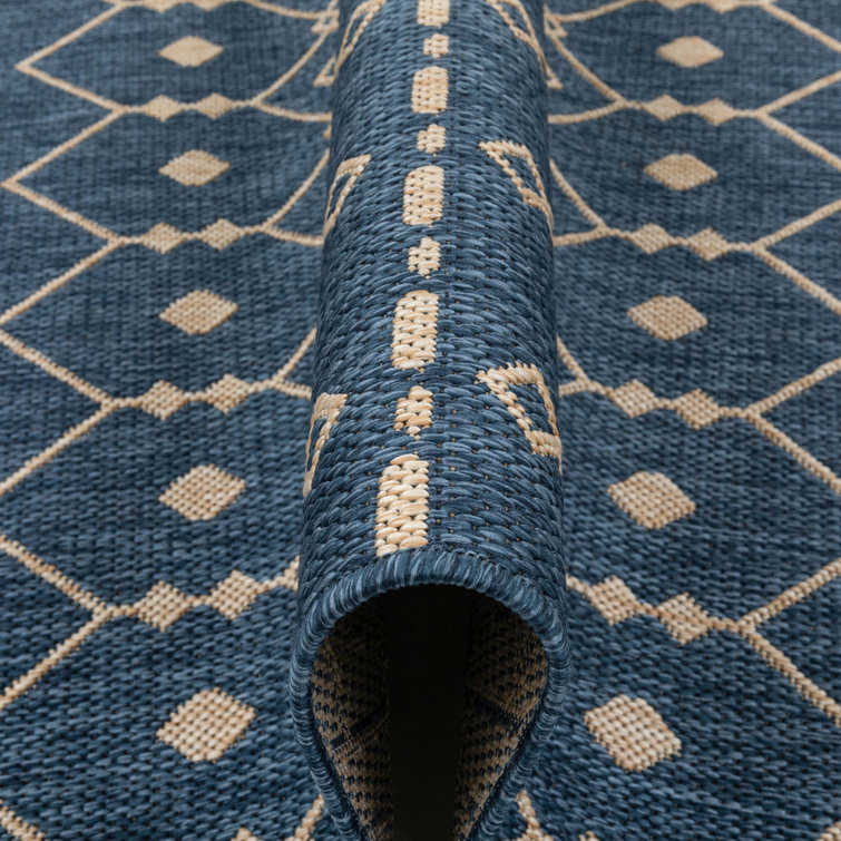 Nordic Blue and Beige Synthetic Flat-Weave Runner Rug
