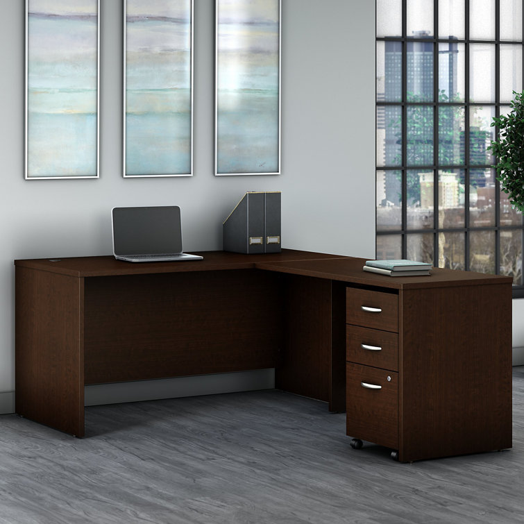 Executive Mocha Cherry Wood L-Shaped Desk with Filing Cabinet