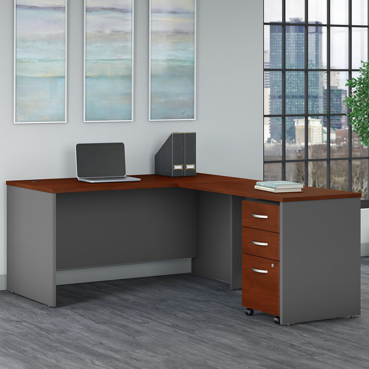 Executive Mocha Cherry L-Shaped Desk with 3-Drawer Mobile File Cabinet