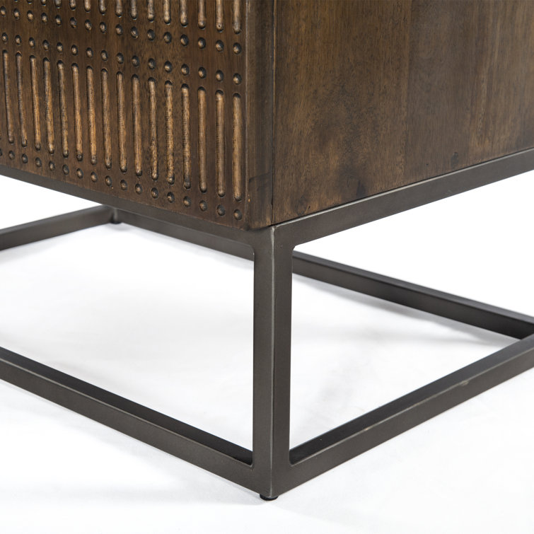 Carved Vintage Brown Mango Wood Nightstand with Slim Iron Base